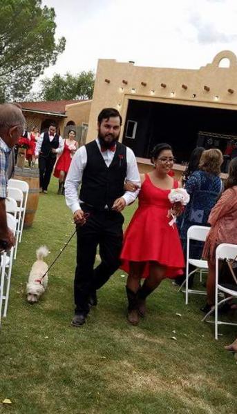 The bridesmaid & groomsman walking down the aisle with an adorable dog in tow.